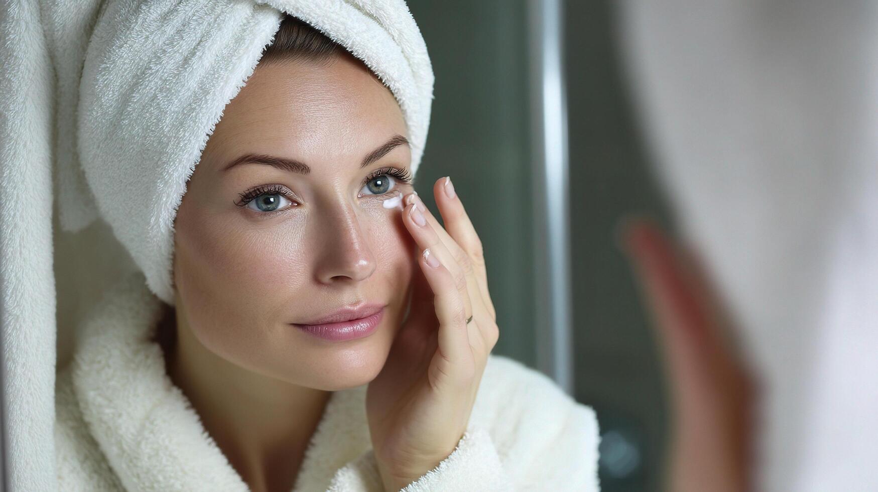 A woman in a bathrobe looking at her face in the mirror photo