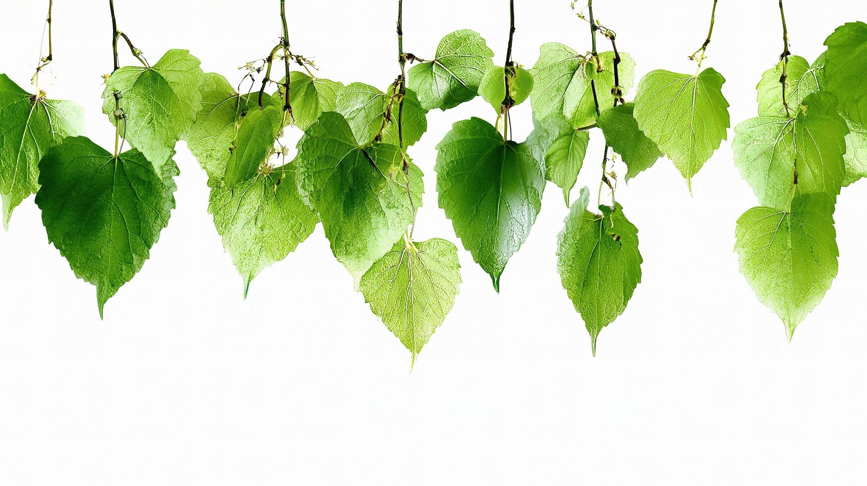Green leaves hanging from a white background photo