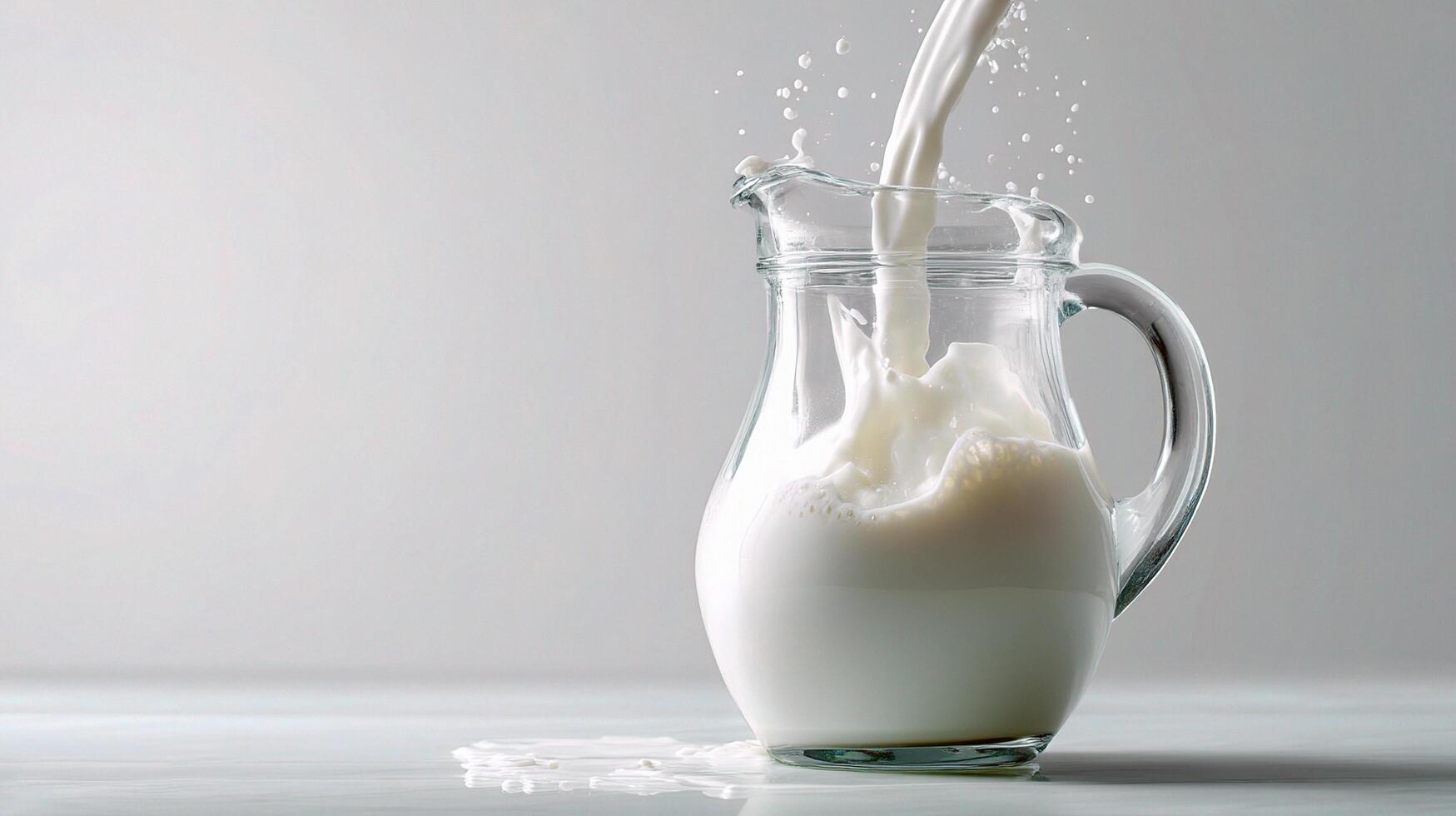 A jug of milk being poured into a glass photo