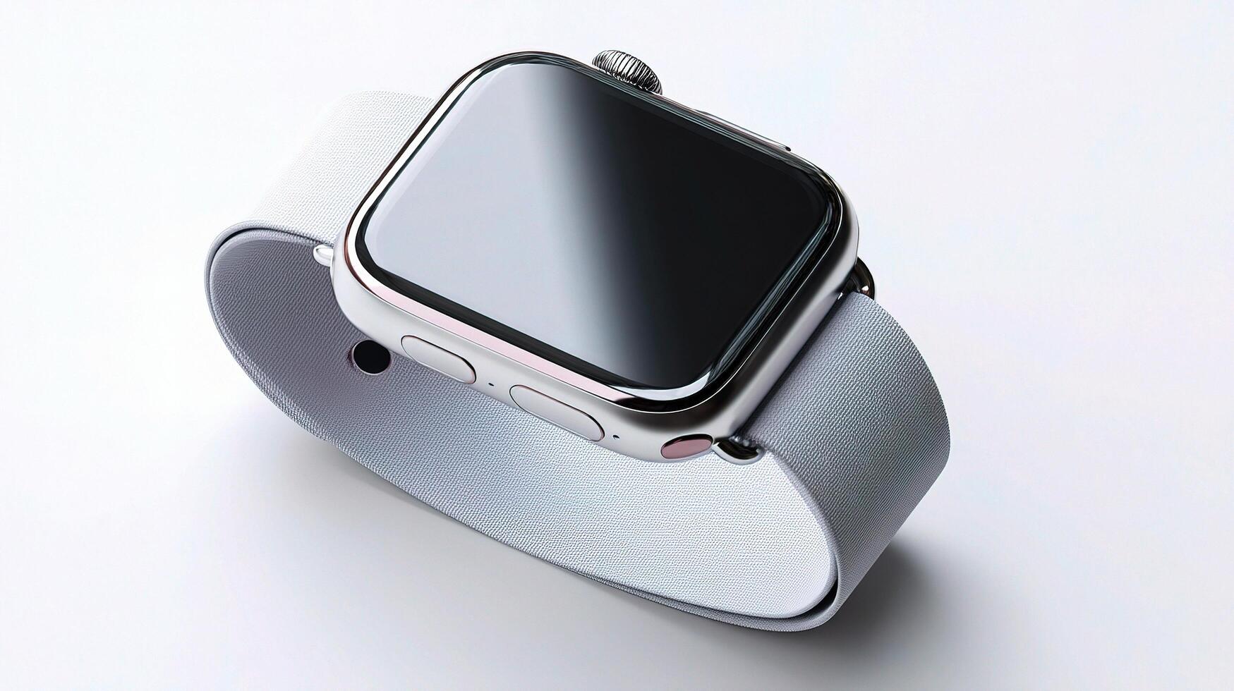 An apple watch with a silver band on a white surface photo