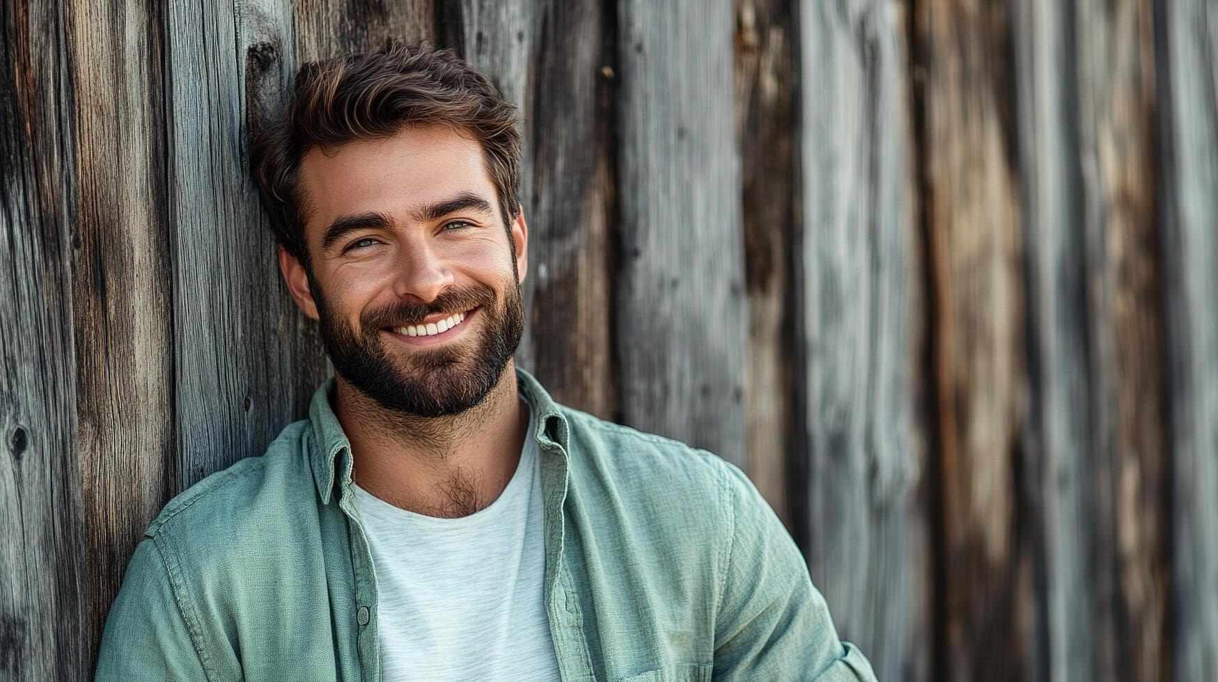 A man with a beard and a green shirt is leaning against a wooden wall photo