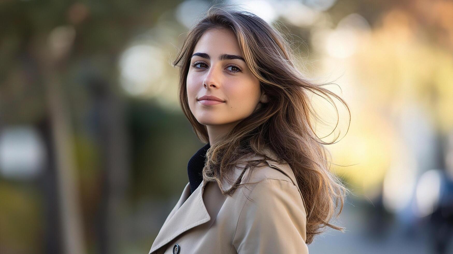 A woman in a trench coat standing on a street photo