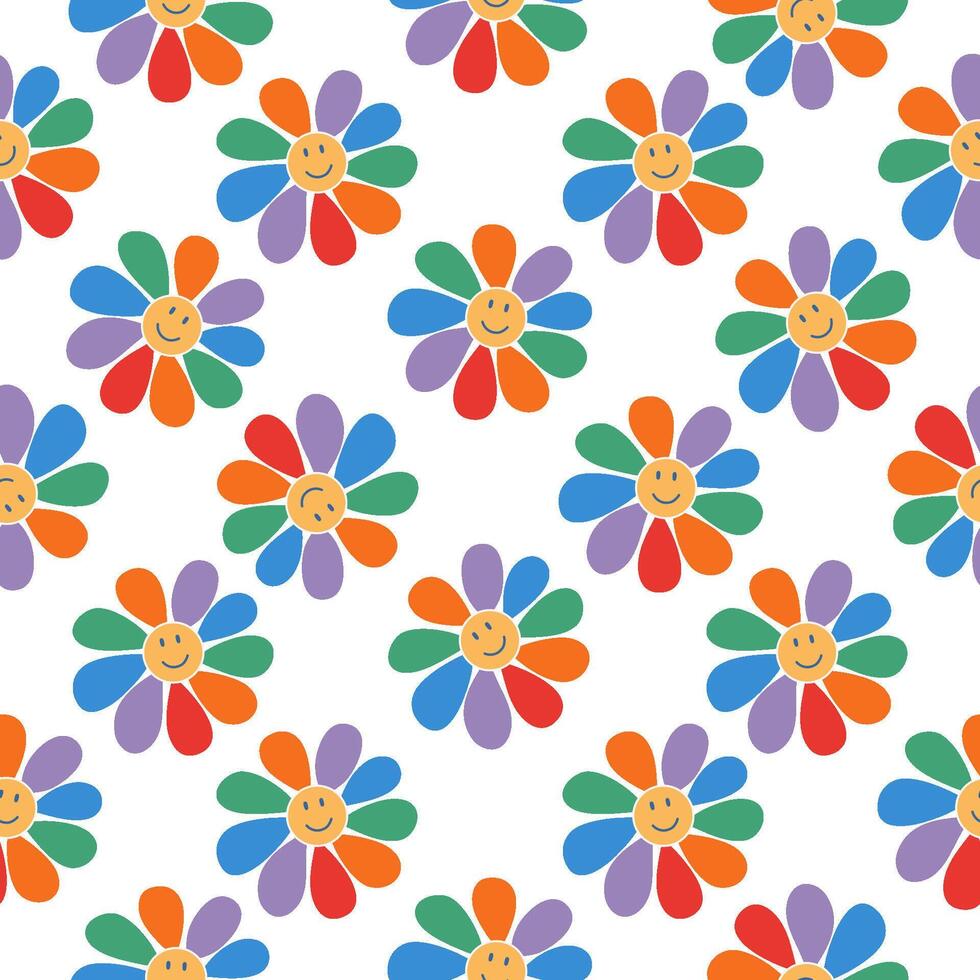 Colorful retro smiling face flower seamless pattern. Cute happy pride minimalistic rainbow colored background. Hand drawn flat design illustration. vector