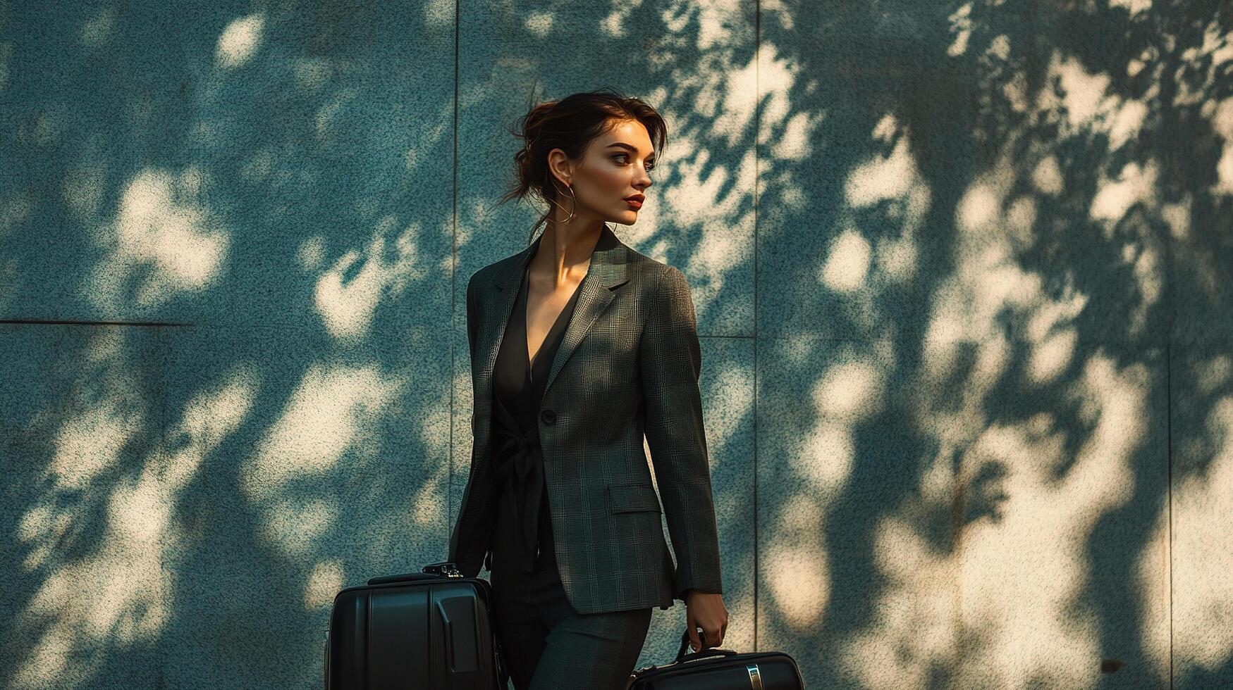 A woman in a suit and black suit carrying two suitcases photo
