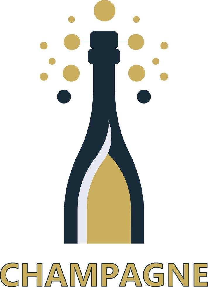 Champagne bottle logo with bubbles and gold accents vector