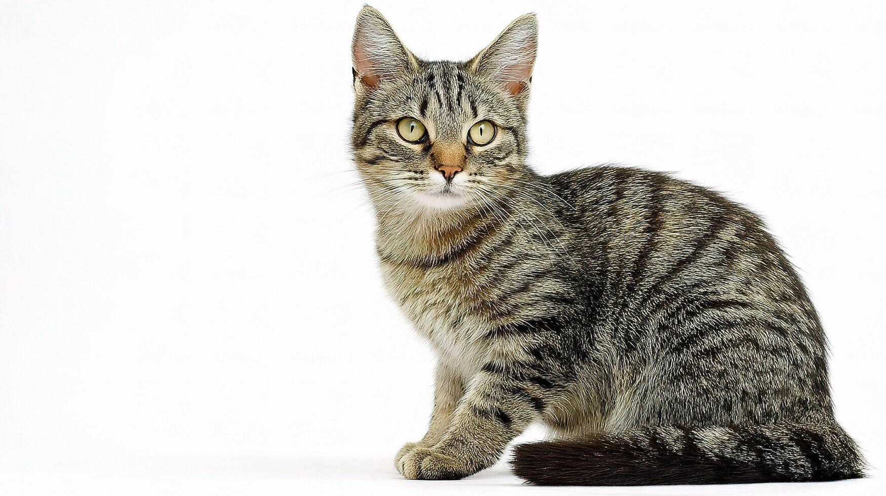 A striped cat sitting on a white background photo