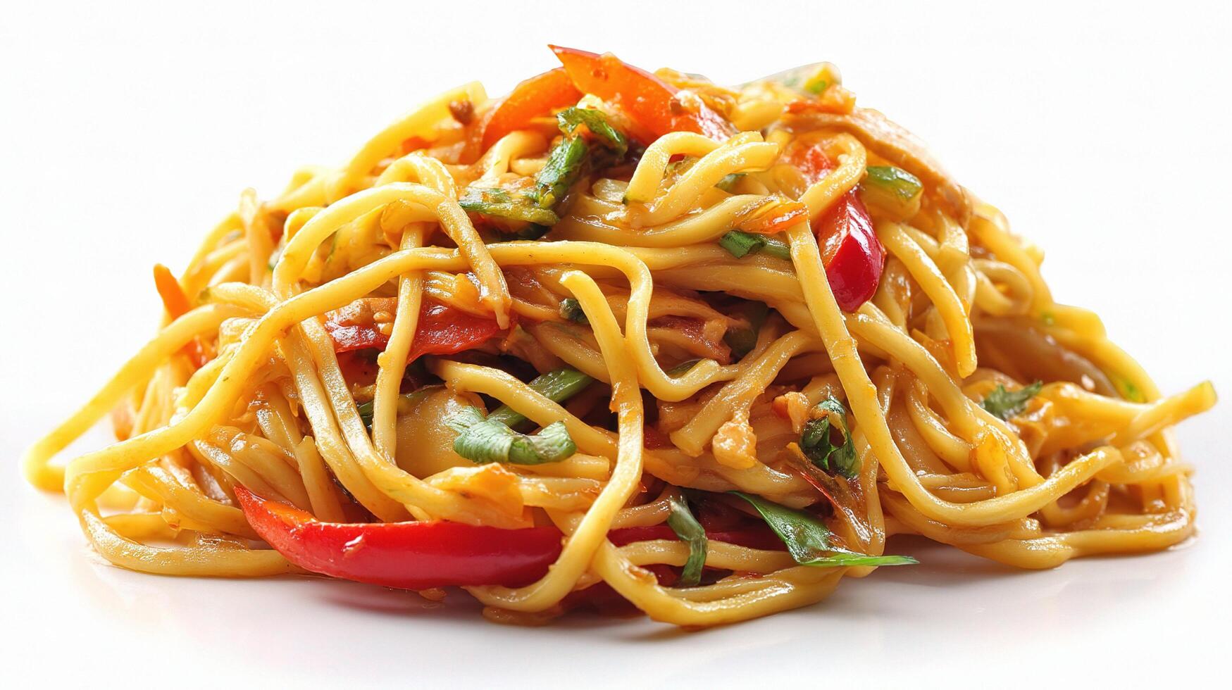 A plate of noodles with vegetables and peppers photo