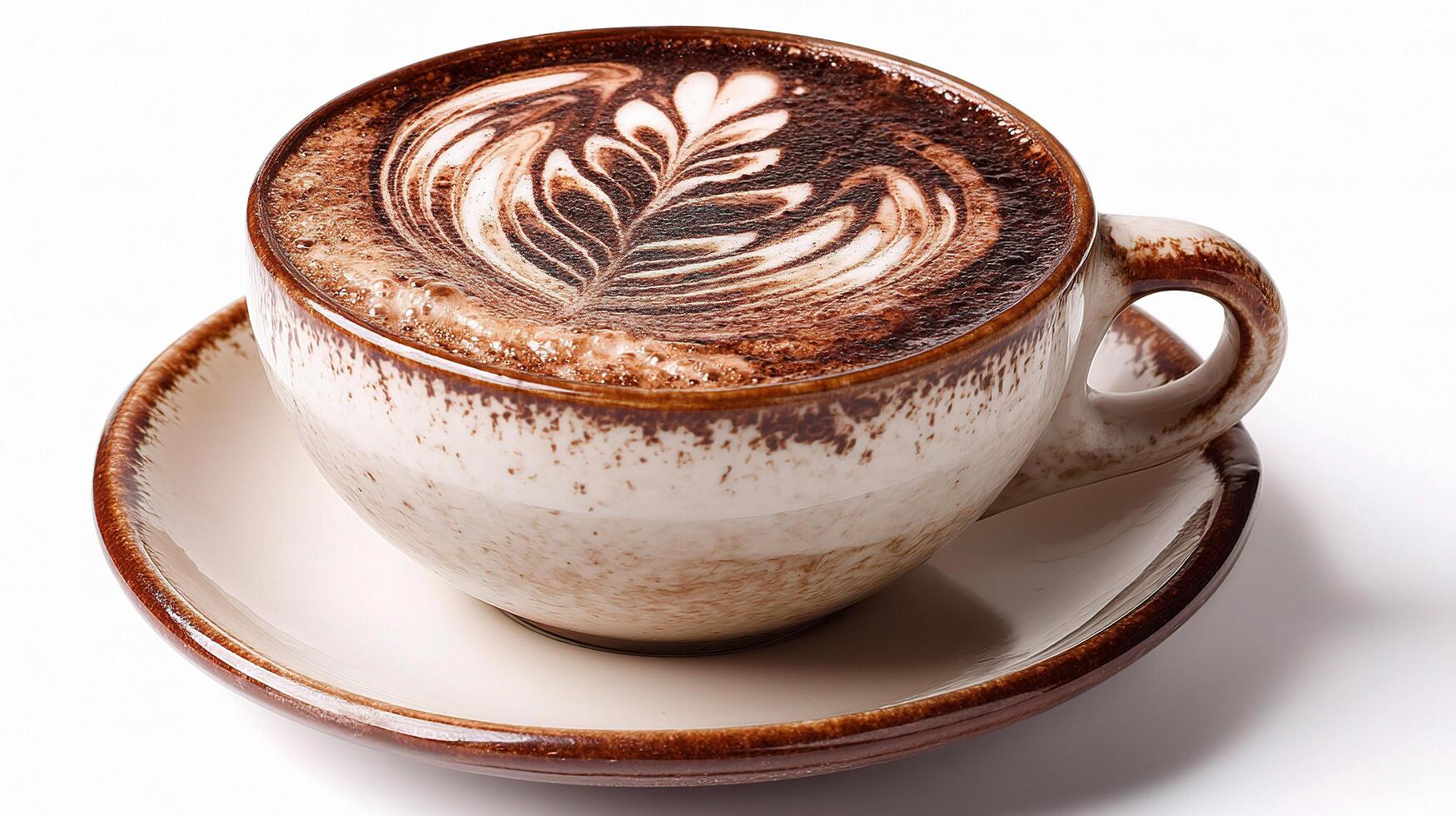 A cup of coffee with a leaf design on top photo