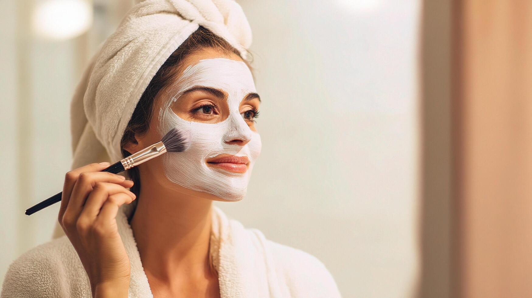 A woman with a white towel on her head and a face mask photo