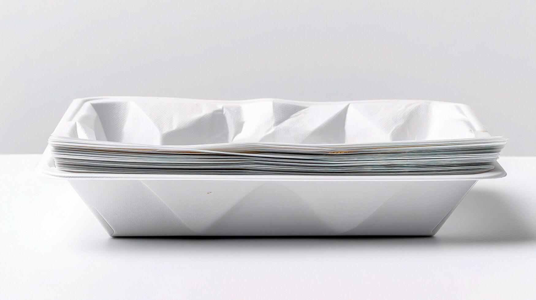 A white container with a stack of paper plates photo