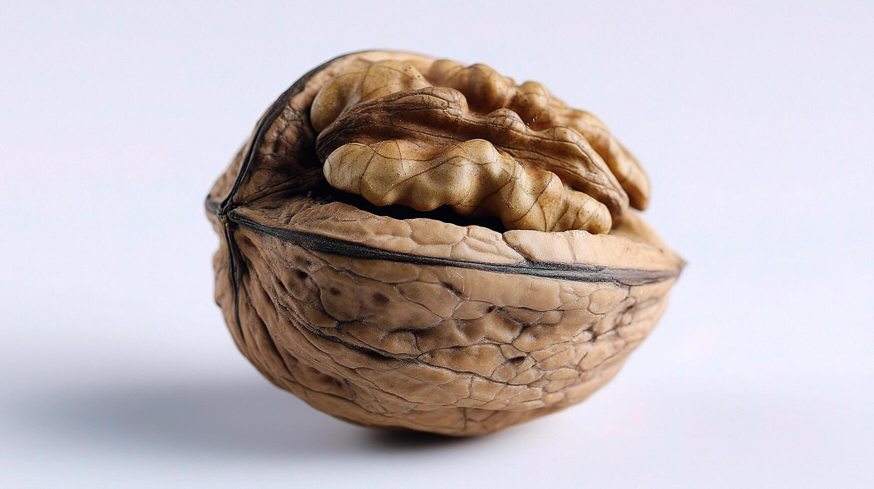 A walnut is shown on a white surface photo