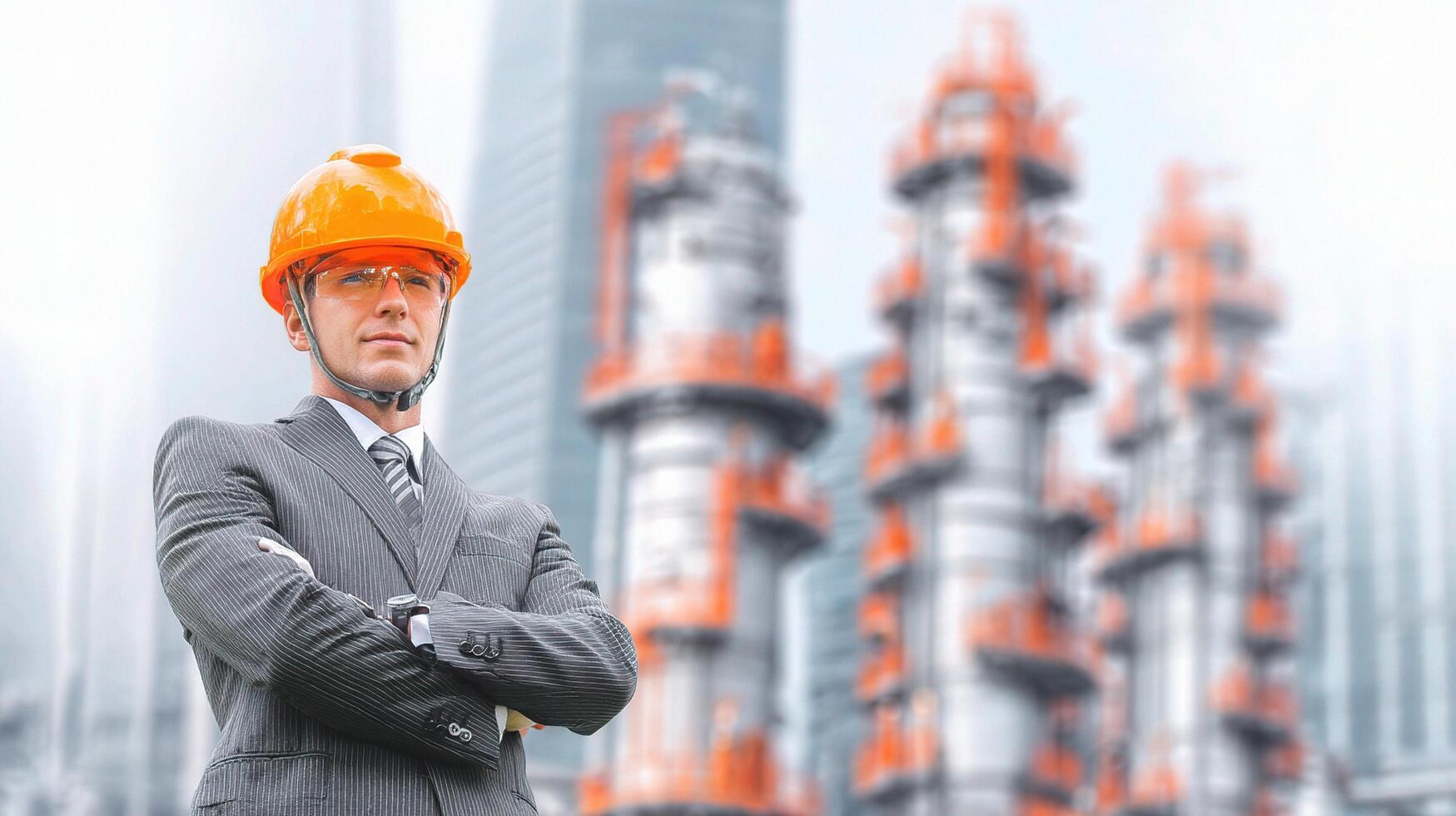 A man in a suit and hard hat standing in front of a refinery photo