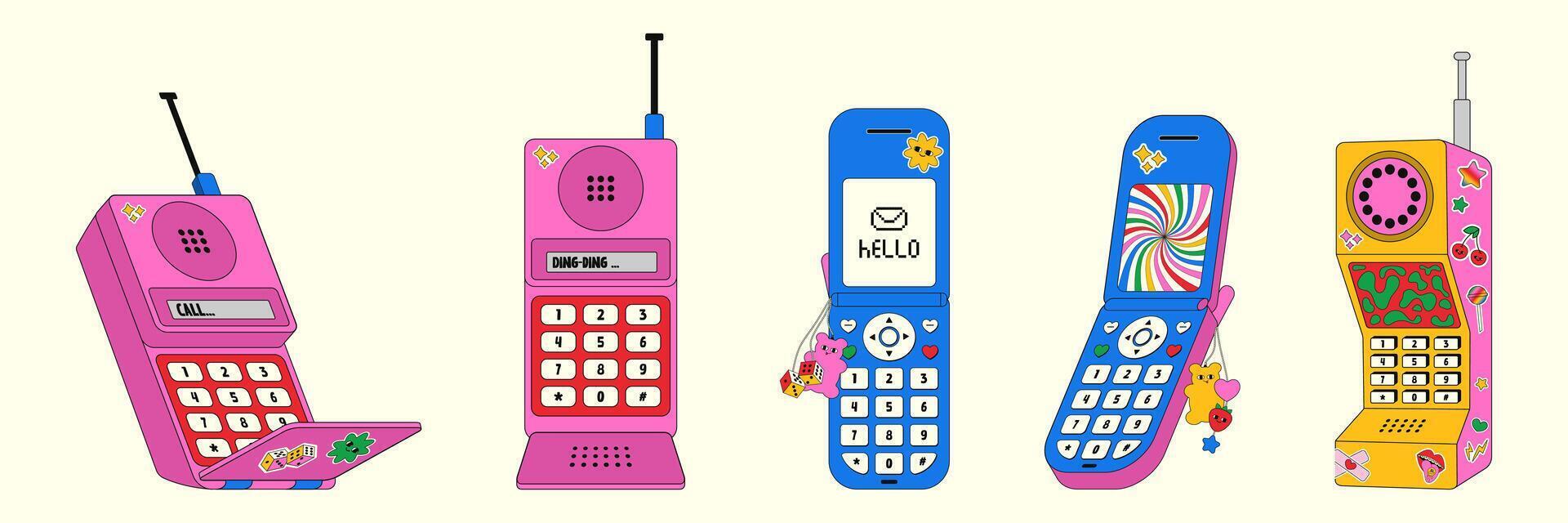 Set of various retro mobile phones covered in eye-catching stickers highlights unique designs and nostalgic charm, capturing the fun aesthetics prevalent in the 90s and early 2000s. vector