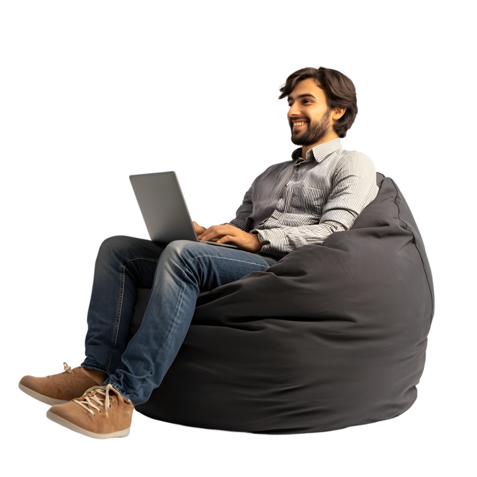 Smiling Man Using Laptop on Beanbag Chair Side View on Transparent Background png