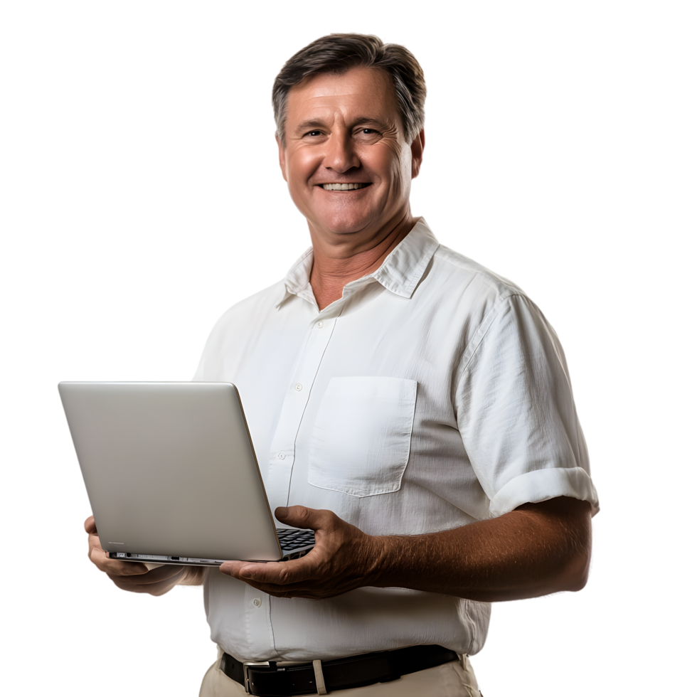 Smiling Man Holding Laptop on Transparent Background png