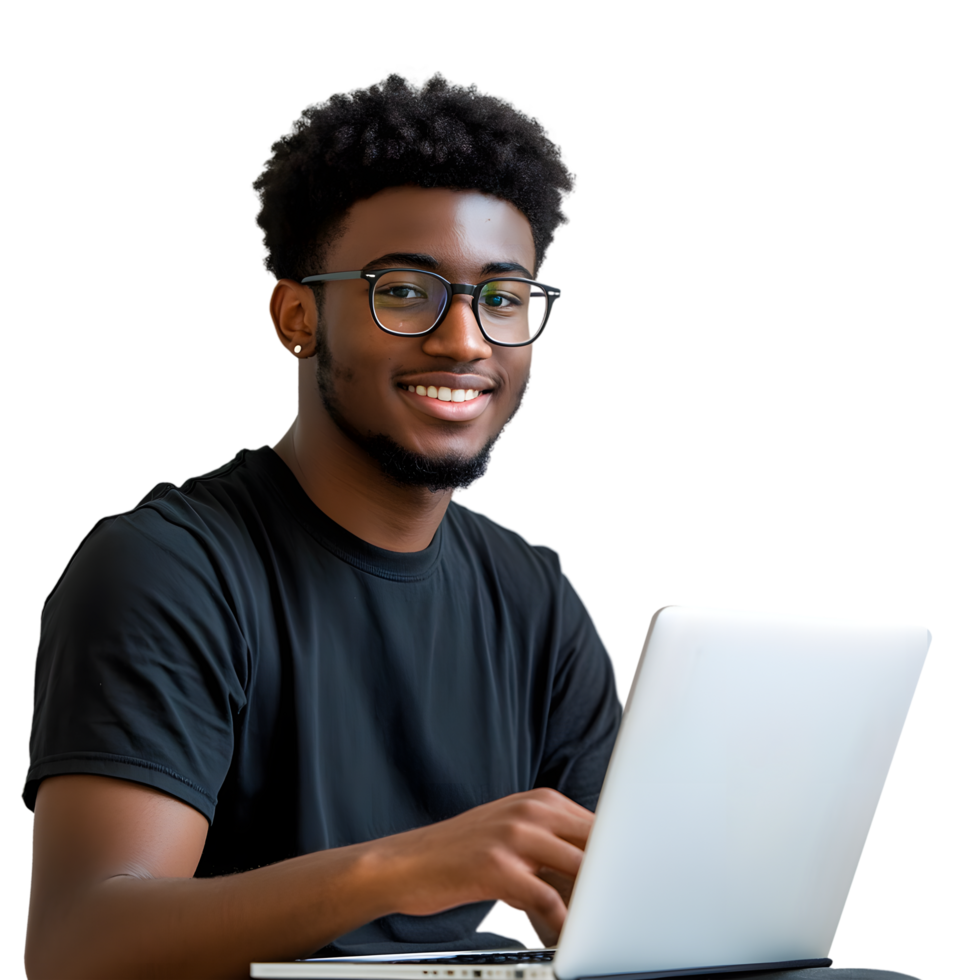 Young Man with Glasses Using Laptop Smiling on Transparent Background png