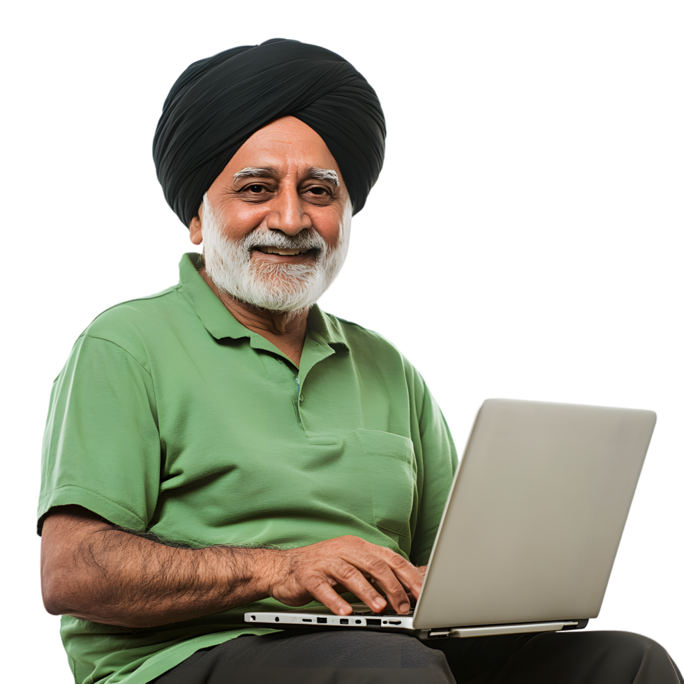 Elderly Indian Man Holding Laptop Smiling on Transparent Background png