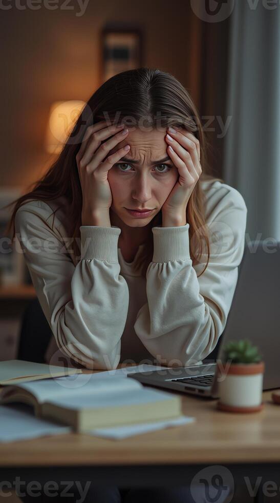 Young woman looking stressed while studying with books and laptop on a desk, in a cozy indoor setting with warm lighting, concept of anxiety, Concept burnout photo