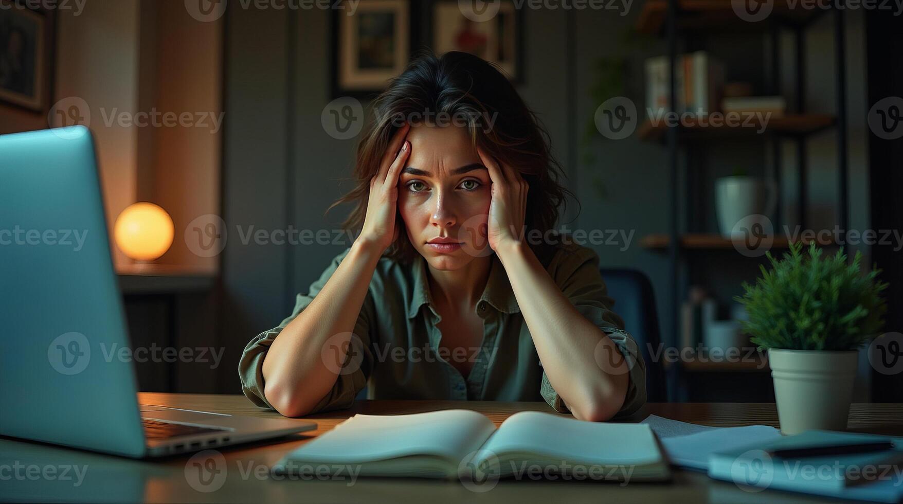 Young woman sits at desk with laptop and books, holding head in frustration in dimly lit room. Concept of stress, , burnout work pressure, and study fatigue photo