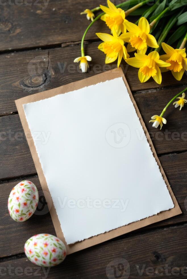 Blank paper on brown envelope lies near yellow daffodils and painted Easter eggs on dark wooden background, symbolizing spring celebration Space for text photo