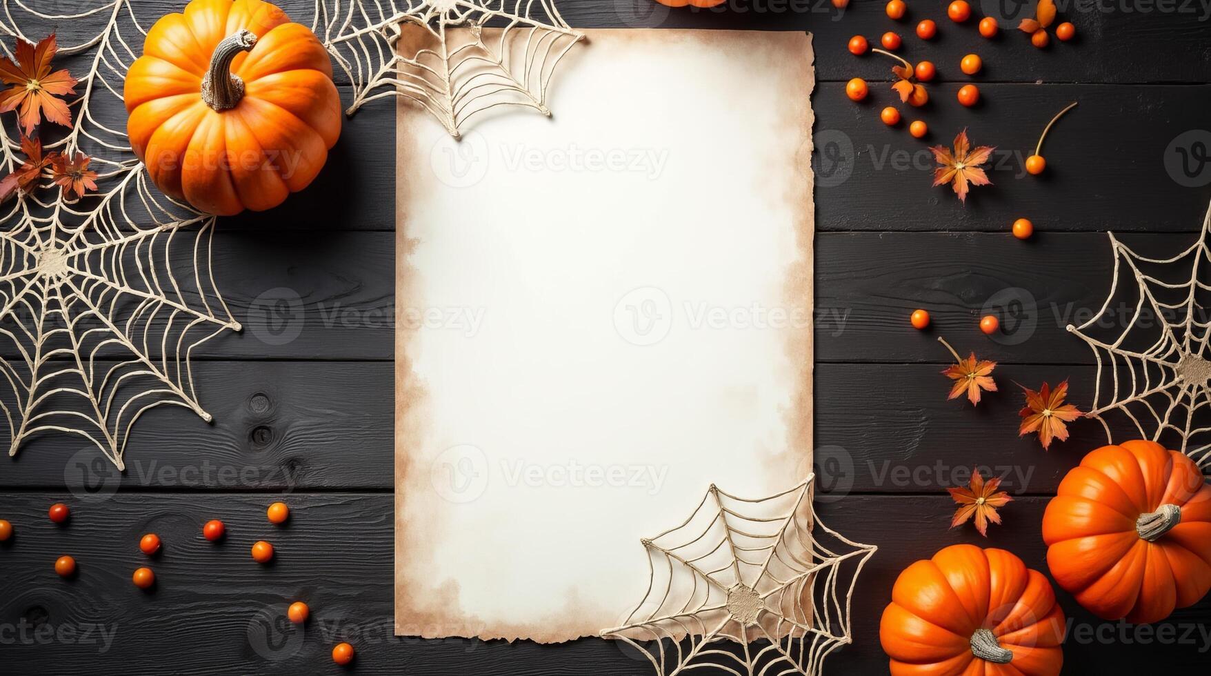Halloween pumpkins, berries, and cobwebs arranged around aged paper on black wooden table, festive autumn holiday background concept Space for text photo