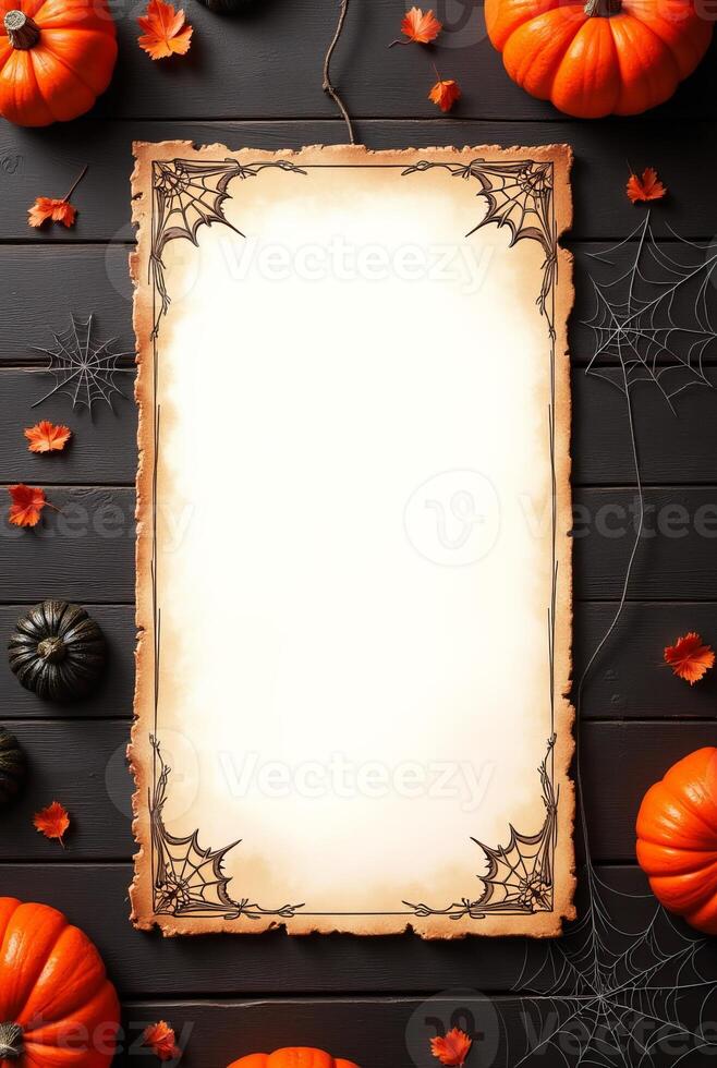 Halloween parchment with spiderweb border on black wooden table with pumpkins. Space for text photo