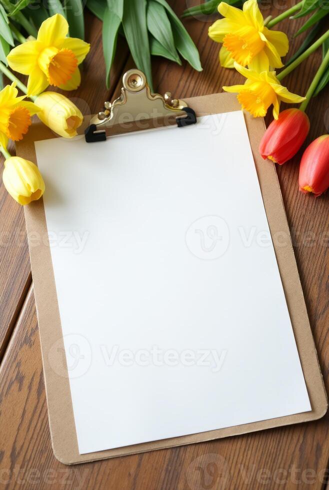 Blank clipboard with white sheet surrounded by yellow daffodils and red tulips on wooden table, symbolizing spring creativity or planning photo
