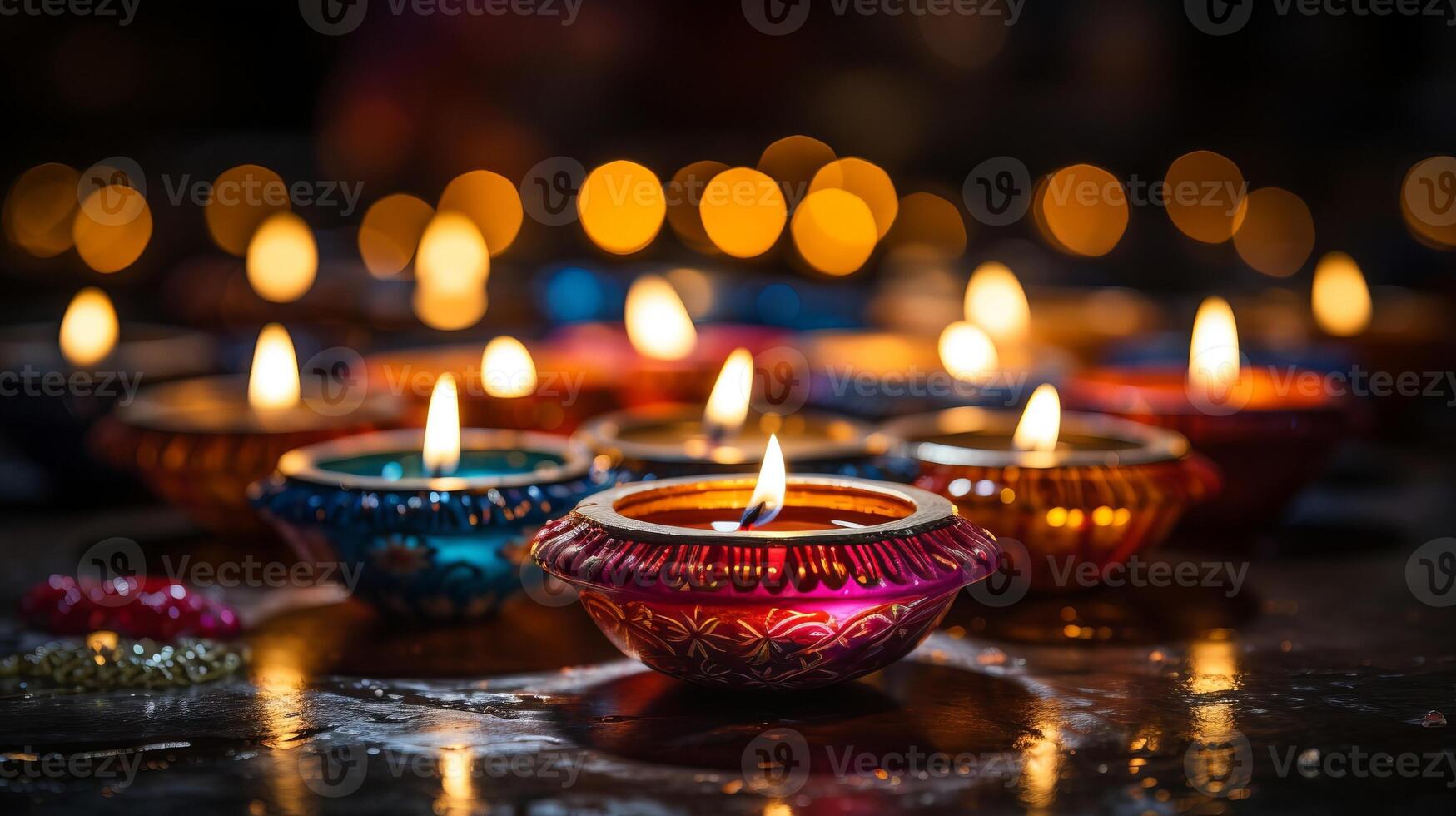 Candle light Diya oil lamps and colorful bokeh background. A colorful candles and flowers with a warm and inviting Diwali mood. photo