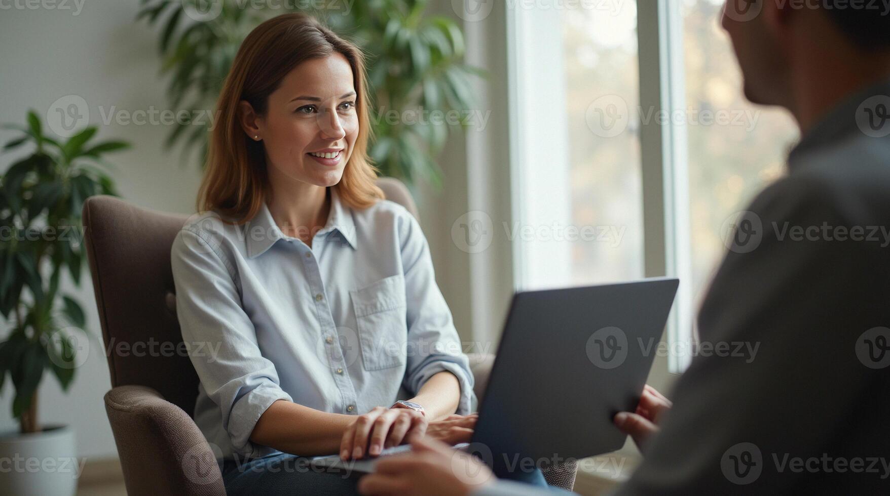 A smiling woman in a blue shirt listens attentively during a professional meeting in a modern office with natural light and greenery. Business concept photo