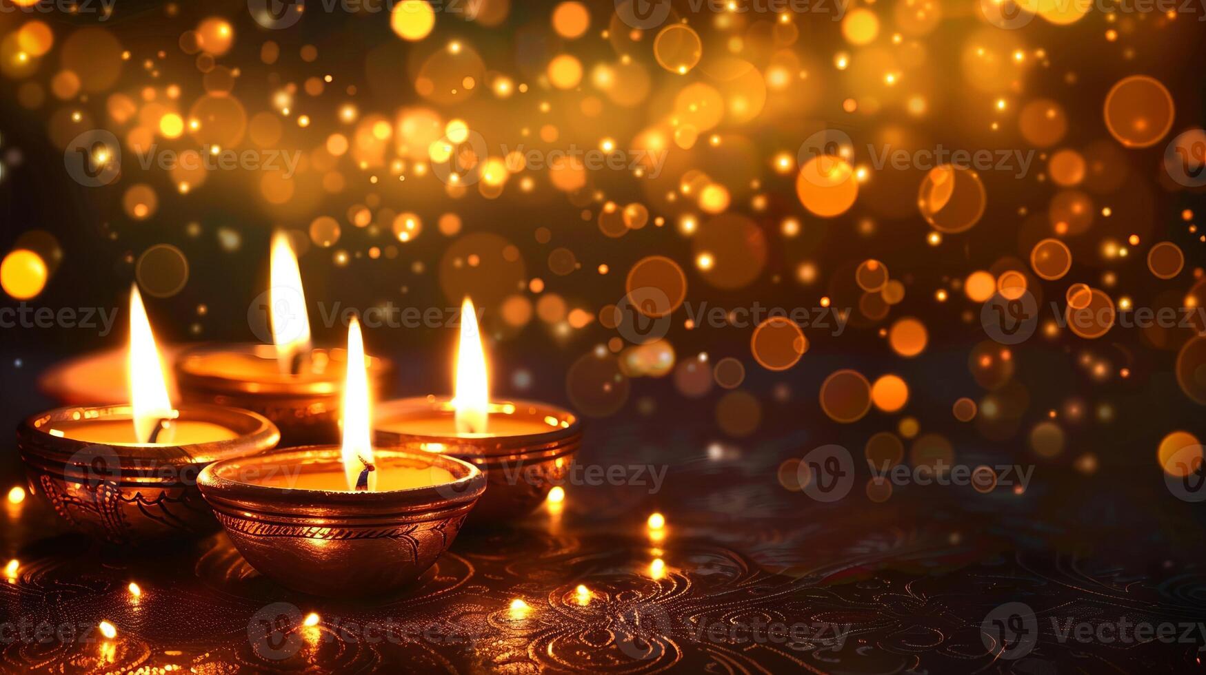 Colorful clay diya lamps. Warm and inviting Diwali mood. Copy place photo