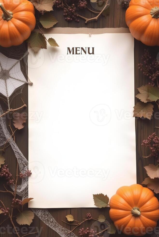 Blank menu paper surrounded by pumpkins, dried leaves, spiderwebs, and berries on a dark wooden surface, perfect for fall or Halloween theme Space for text photo