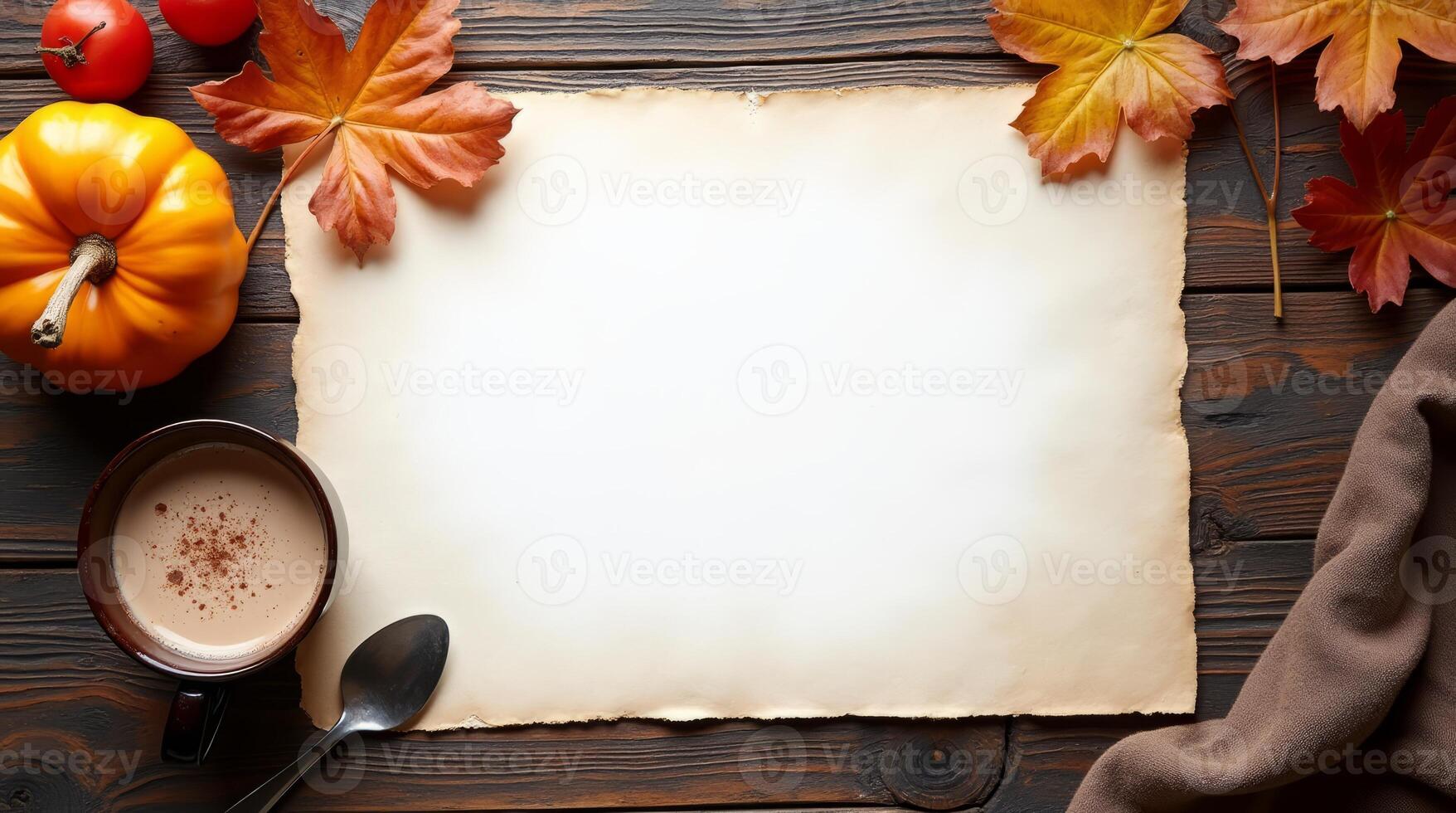 Blank aged paper surrounded by autumn leaves, pumpkin, coffee, and tomatoes, on dark wood background. Concept of seasonal message or recipe photo