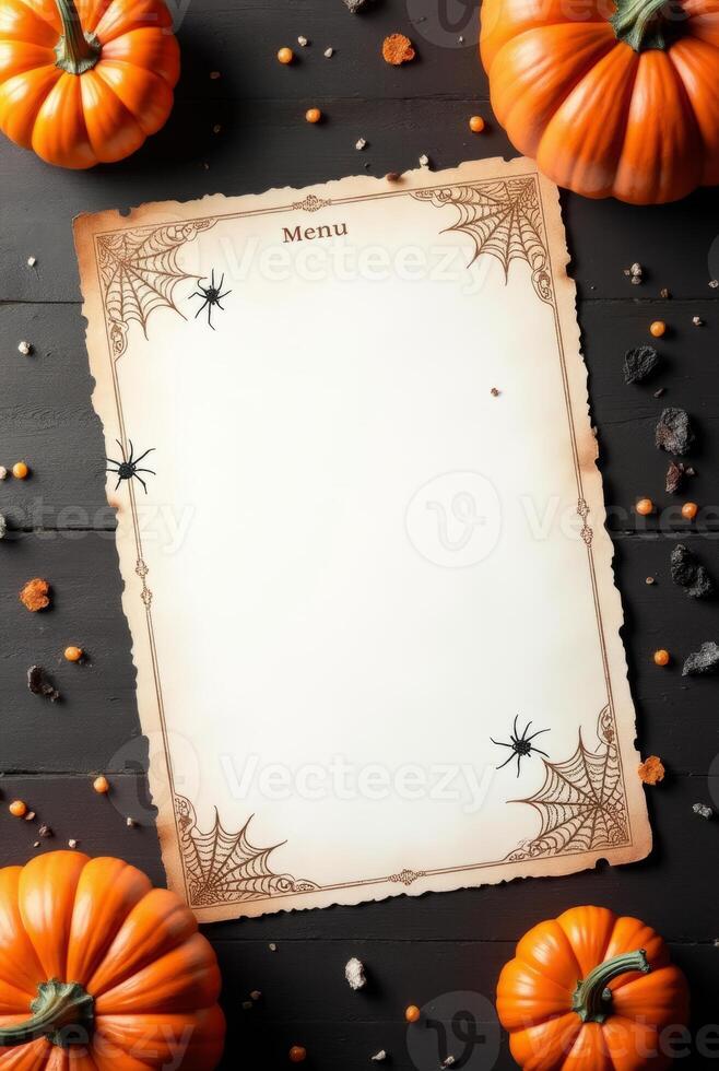Halloween-themed menu paper with spider web and spider design, surrounded by pumpkins on a dark wooden background. Spooky autumn concept Space for text photo