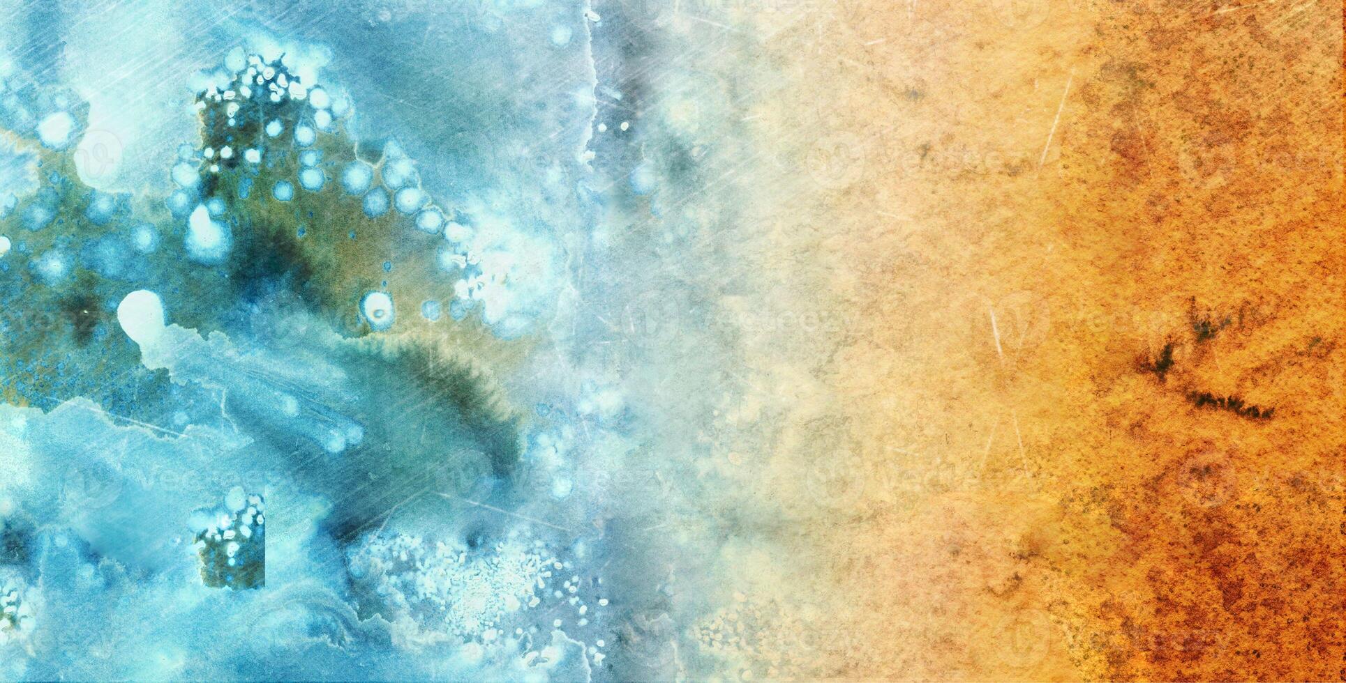 abstract watercolor background divided into two contrasting halves. The left side is dominated by cool blue and turquoise tones with organic, fluid textures resembling underwater scenes photo