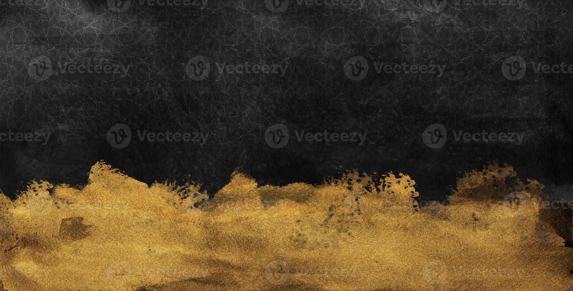 luxurious and dramatic abstract background. The upper portion is a deep matte black, subtly textured with fine, symmetrical geometric patterns reminiscent of Islamic or mandala art photo