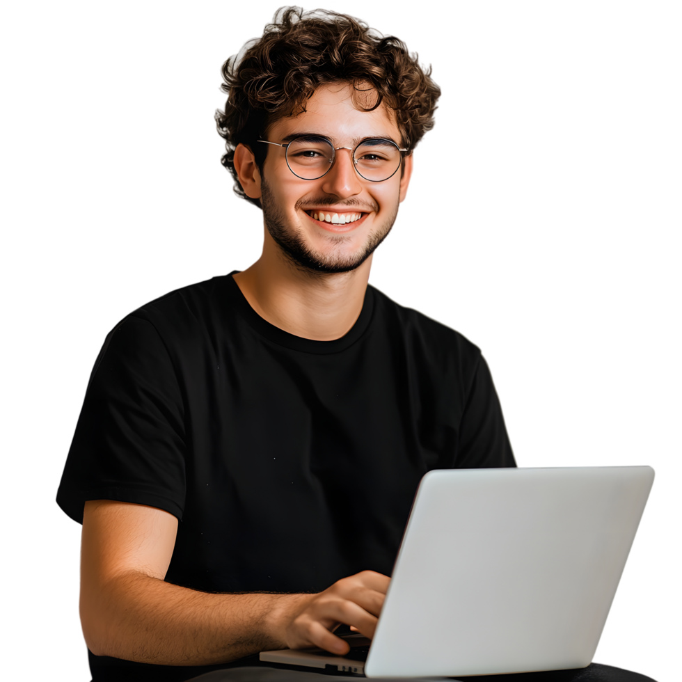 Young Man with Glasses Using Laptop on Transparent Background png