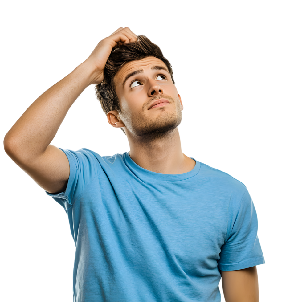Thoughtful Man in Blue Shirt Looking Up on Transparent Background png
