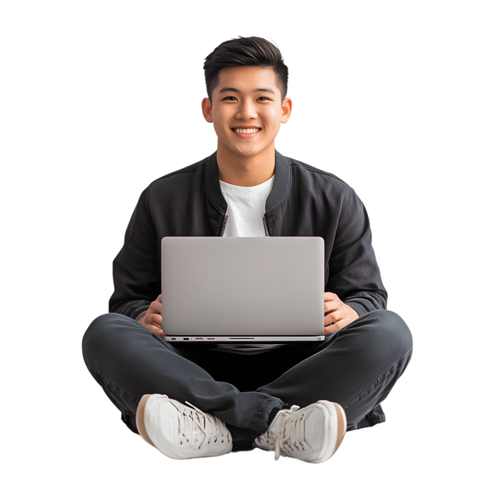 Asian Man Sitting with Laptop Full Body on Transparent Background png