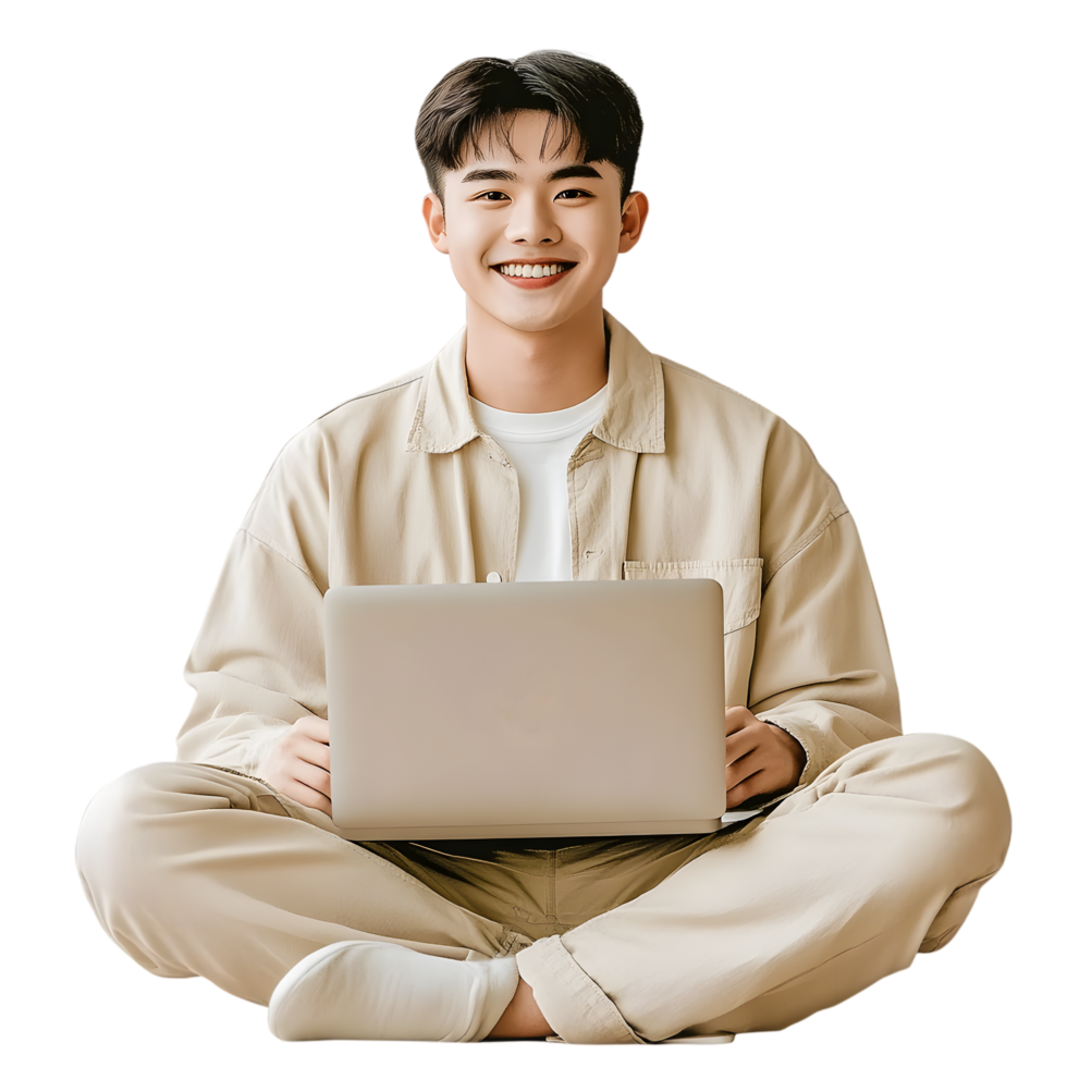 Young Man Cross Legged with Laptop on Transparent Background png