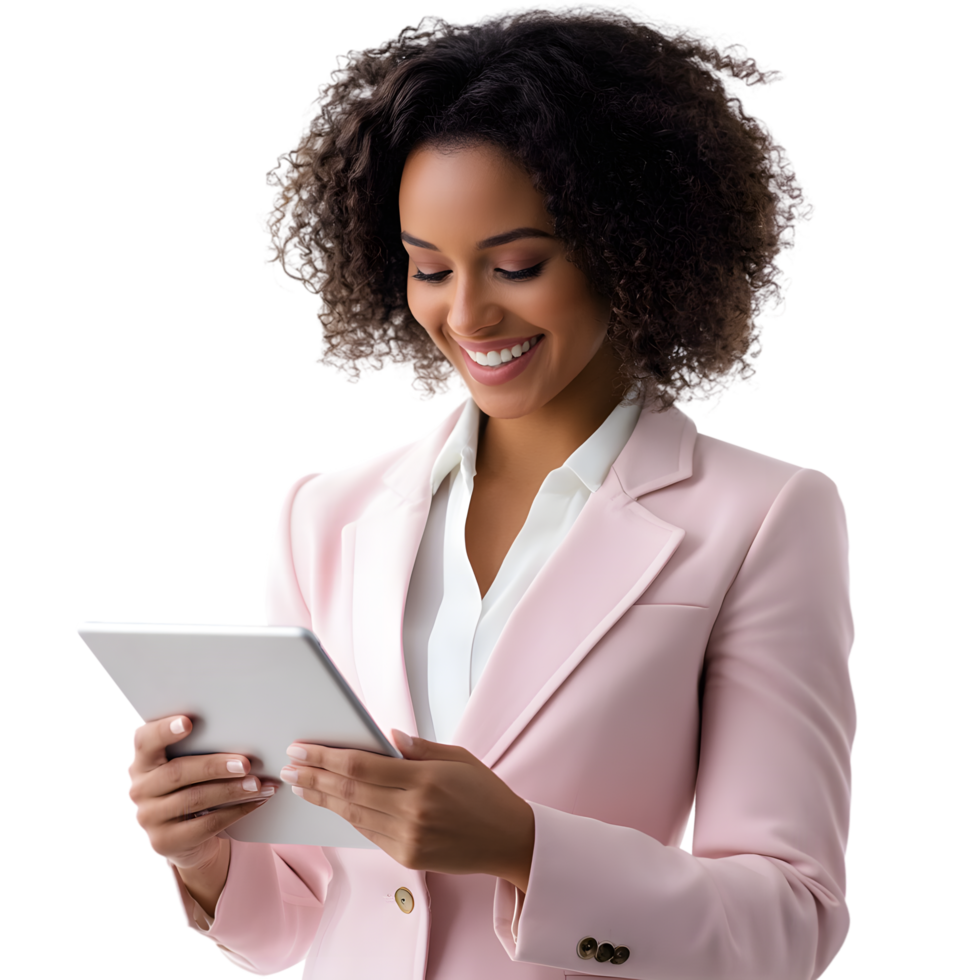 Professional Woman Using Tablet Device in Light Pink Jacket on Transparent Background png