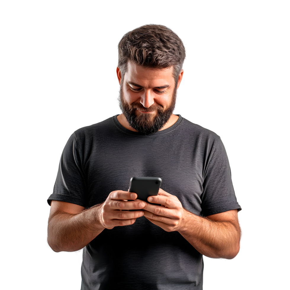 Happy Man in Dark Grey T-Shirt Looking at Phone on Transparent Background png