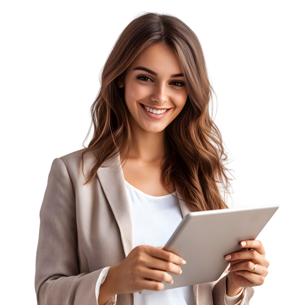 Smiling Professional Woman Holding Tablet Device on Transparent Background png