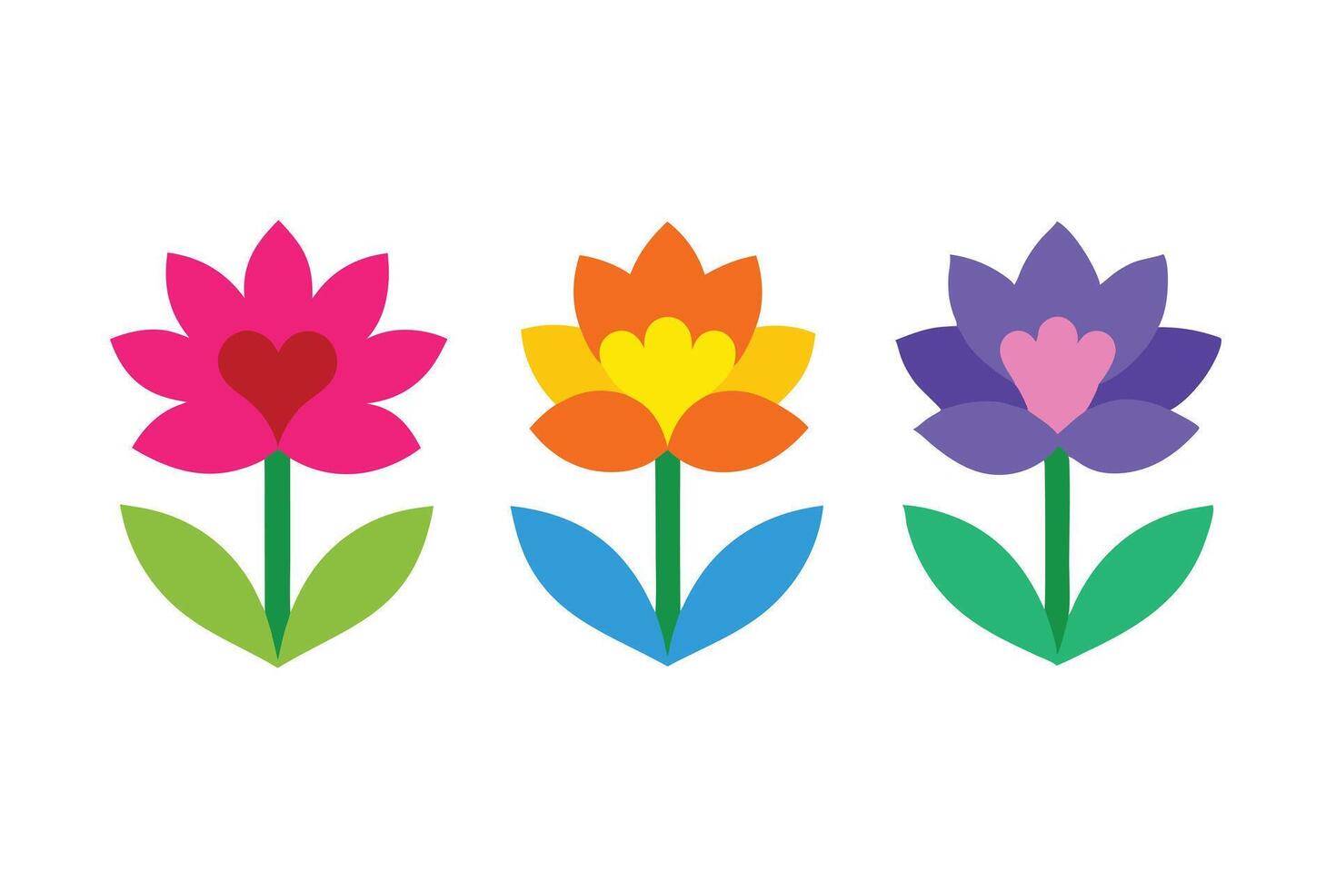 Colorful Flower Set with Hearts, Floral Design vector