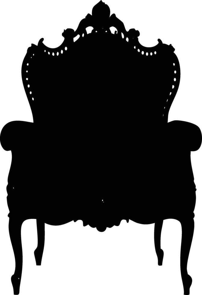 A black silhouette showcases an ornate baroque armchair with its elegantly curved legs and elaborate carvings vector