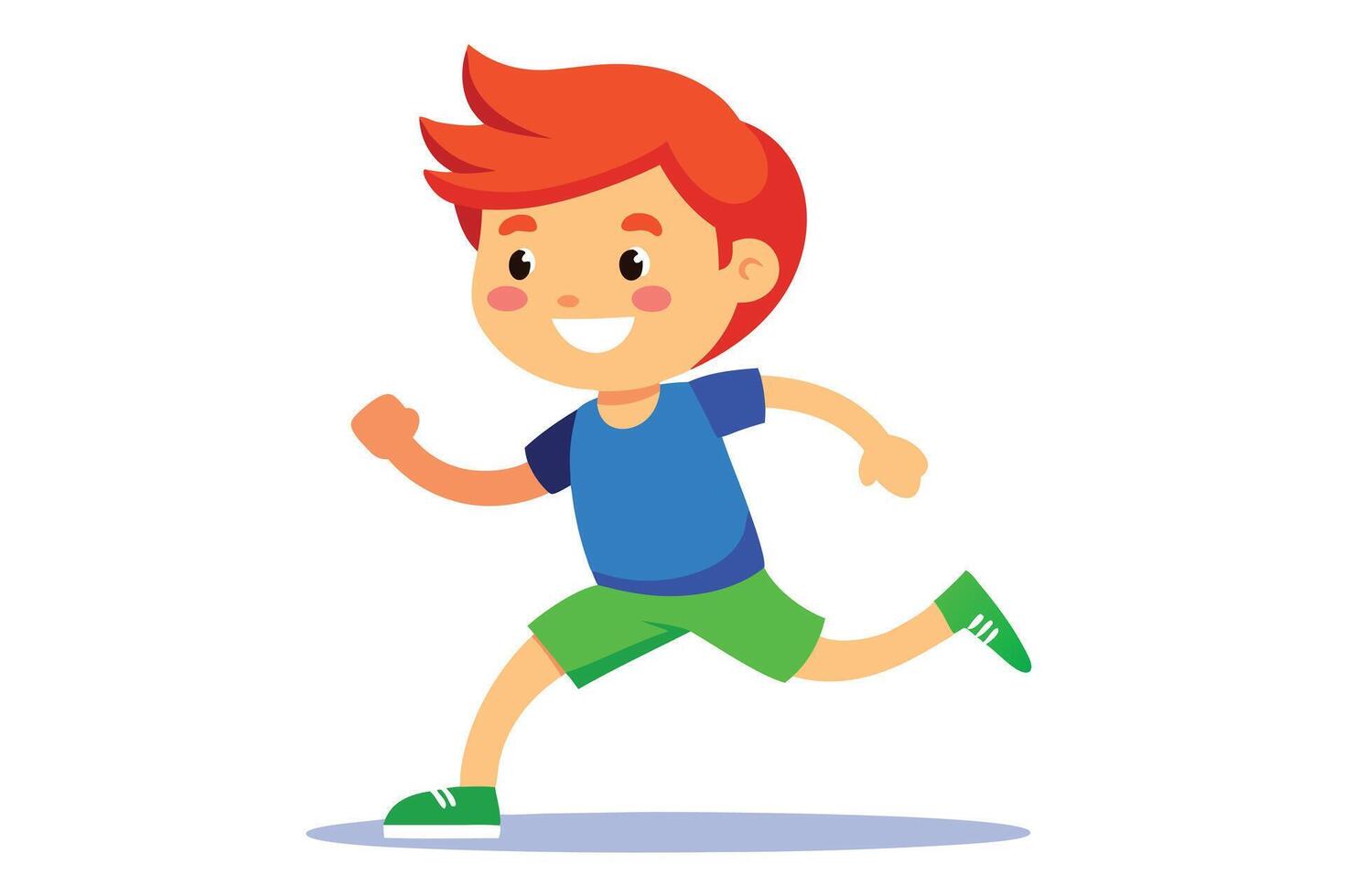 Cheerful redhead boy wearing blue shirt and green shorts joyfully sprints forward energetically vector