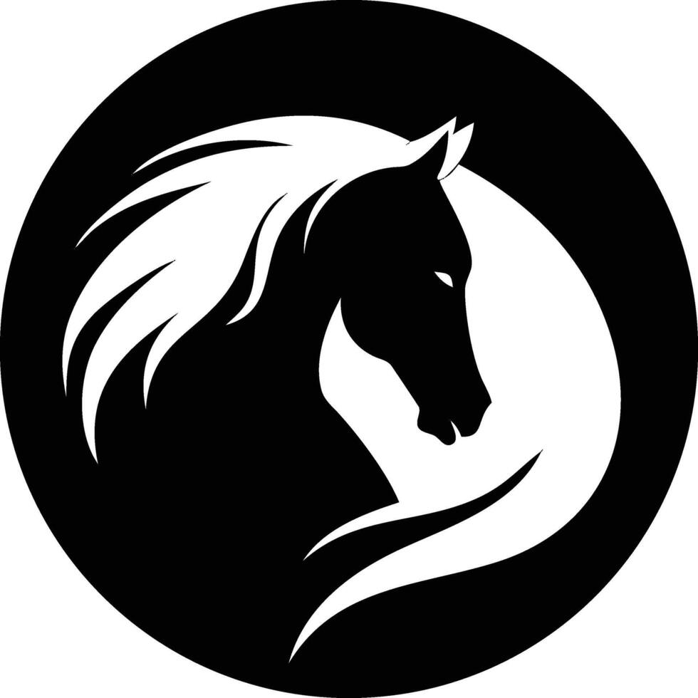 Silhouette horse head in black contrasts against a white lunar arc within a circle vector