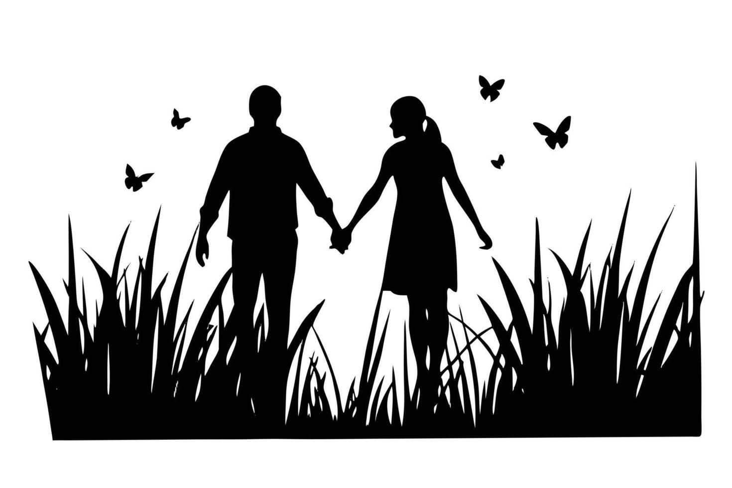 Silhouette of couple holding hands in meadow with butterflies enjoying the nature vector