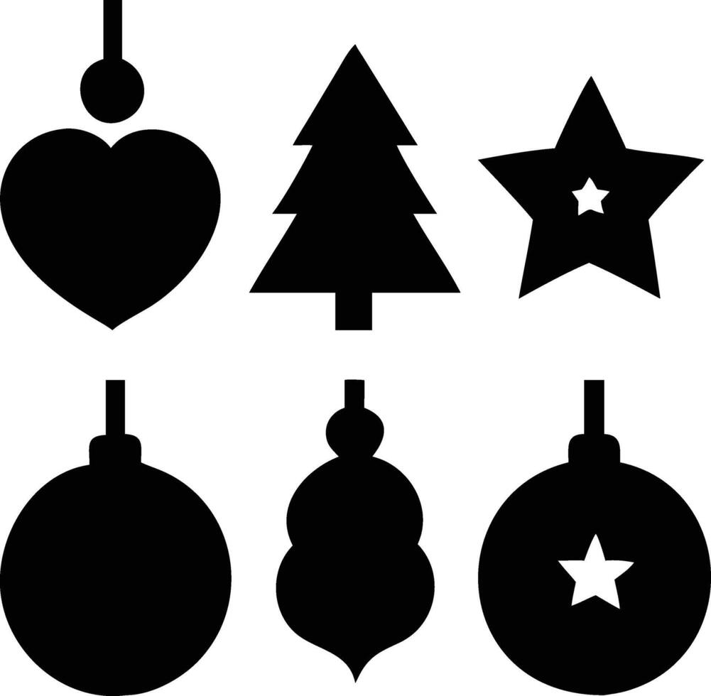 Six black holiday shapes include tree, star, heart and ornaments over white are shown vector