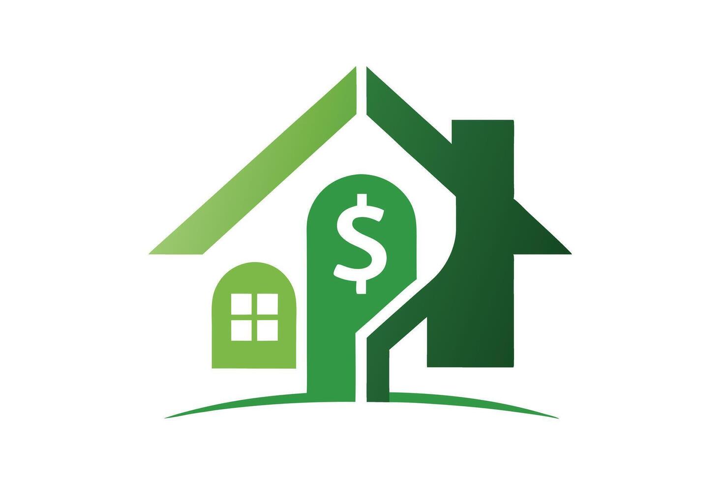 Green house emblem contains a window, chimney, dollar sign element, and rising curve vector