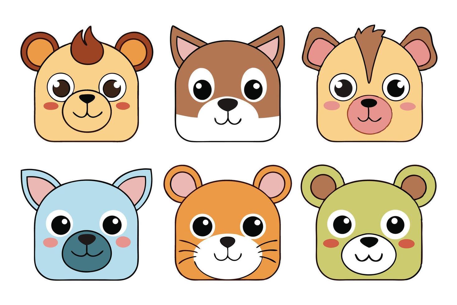 Six adorable square animal faces smile with bright eyes and simple cartoon features vector